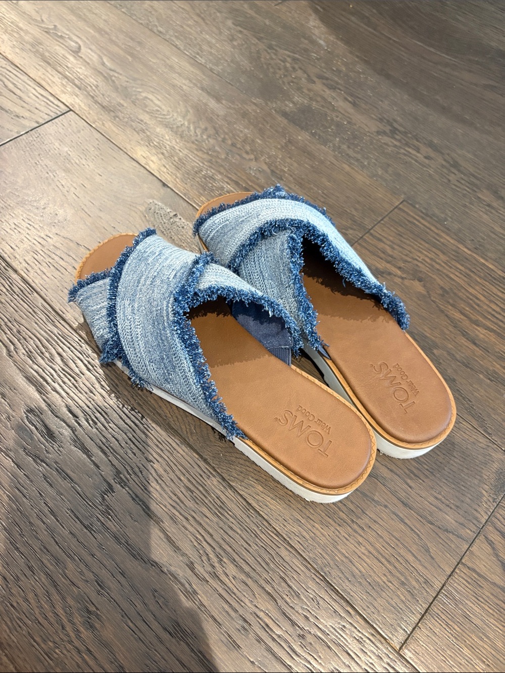 Toms Denim Frayed Crossband Slide Sandals in Light and Dark Blue